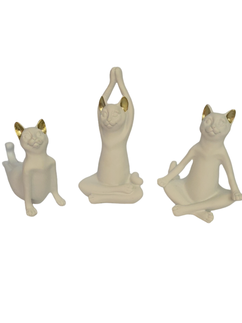 Three Hands Corp Set of 3 Yoga Cat Resin Figurines - White w/Gold Inner Ears Zen